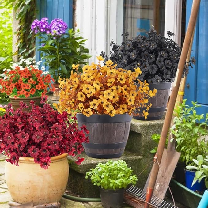 RECUTMS Realistic Artificial Plants Artificial Mums Fall Flowers Fake Fall Plant UV Resistant Fake Flowers Realistic Eucalyptus Leaves Silk Mums Faux Autumn Plant for Thanksgiving Home Decor(Wine Red)