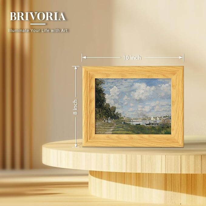Brivoria Framed Canvas Wall Art Vintage Decor, Impressionist Riverside Landscape with Autumn Sky Sailboats and Tree-Lined Path for Desk Shelf Living Room Bedroom or Office Rustic Fall Display, 8"x10"