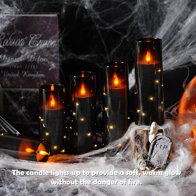 Flameless LED Candles with Timer 9 Pc Flickering Flameless Candles for Romantic Ambiance and Home Decoration Stable Acrylic Shell,with Embedded Star String,Battery Operated Candles（Black）