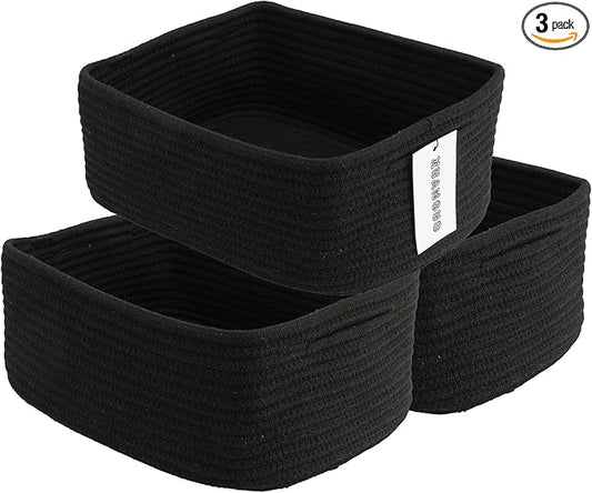 Small Woven Storage Baskets 13“X9”X5“ Decorative Rope Bins for Organizing Shelves, Closets, and Toys, Empty Gift Baskets, Cute Organizer Basket for Home and Office (black, Large)