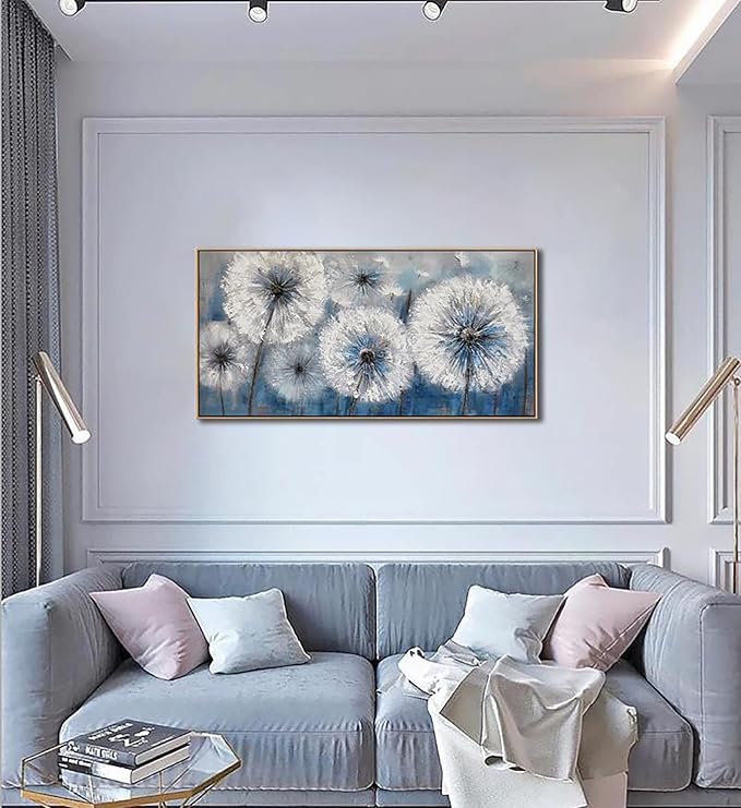 Dandelion Canvas Print - Framed Wall Art for Living Room & Bedroom - Large White Flower Flora Home Decoration (With Solid Wood Dark Frame)