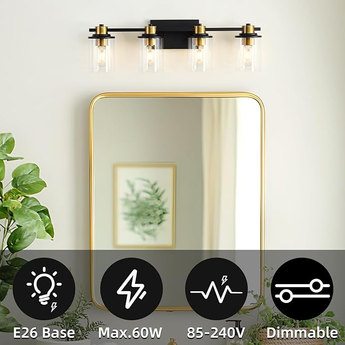 LOUSACE Bathroom Lighting Fixtures Black and Gold 4 Light Bathroom Vanity Light Over Mirror with Clear Glass Shades, Brushed Gold Socket Wall Vanity Lighting Fixtures for Bedroom Living Room