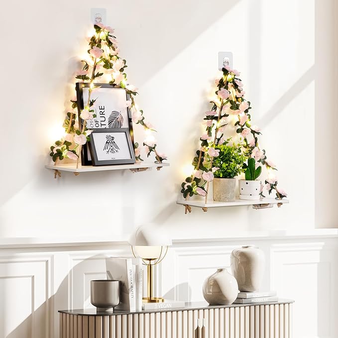 Floating Shelves for Wall No Drilling,Wall Dcorations Art,Hanging Shelf,Leaves and Light Strip with Flower,Set of 2 Plant Decor for Home House Livingroom Bedroom Officer,Boho Decor,Gifts for Woman