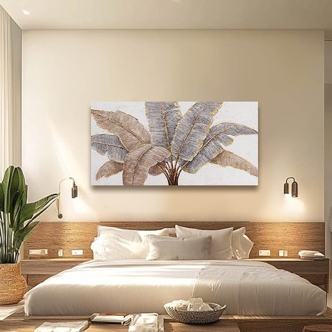 White and Gold Canvas Wall Decor Textured Wall Art Leaves Artwork for Living Room Office Contemporary Art Plant Picture for Home 29x58 Inch
