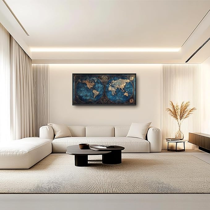 World Map Framed Wall Art for Living Room, Large Map of The World Canvas Wall Decor, Vintage Maps Pictures Painting, Modern Artwork for Office Bathroom Bedroom 60L'' × 30W''