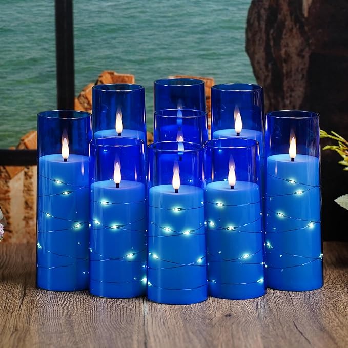 Flameless LED Candles with Timer 9 Pc Flickering Flameless Candles for Romantic Ambiance and Home Decoration Stable Acrylic Shell,with Embedded Star String，Battery Operated Candles（Blue）
