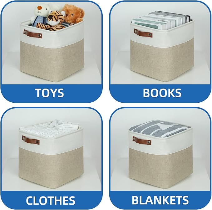 Temary 11 x 11 Cube Storage Bins Fabric Storage Baskets 4 Pack Cubes Baskets with Handles for Organizing Clothes, Organizer Bins for Storage (White&Khaki)