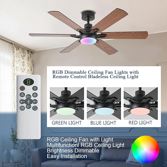52in Ceiling Fans with Lights RGB Ceiling Fan with Light and Remote/APP Control,Low Profile Ceiling Fans with Lights for Bedroom,Living Room,Kids Room,3CCT Dimmable Modern Ceiling Fan, 8 Speeds,Brown