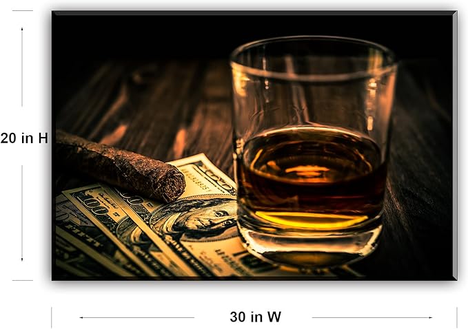Cigar and Wine Wall Art for Bar, PIY Whiskey Picture Canvas Painting Prints Artwork (Waterproof Home Decor, 1" Thick, Bracket Mounted Ready to Hang, 20x30 Large)