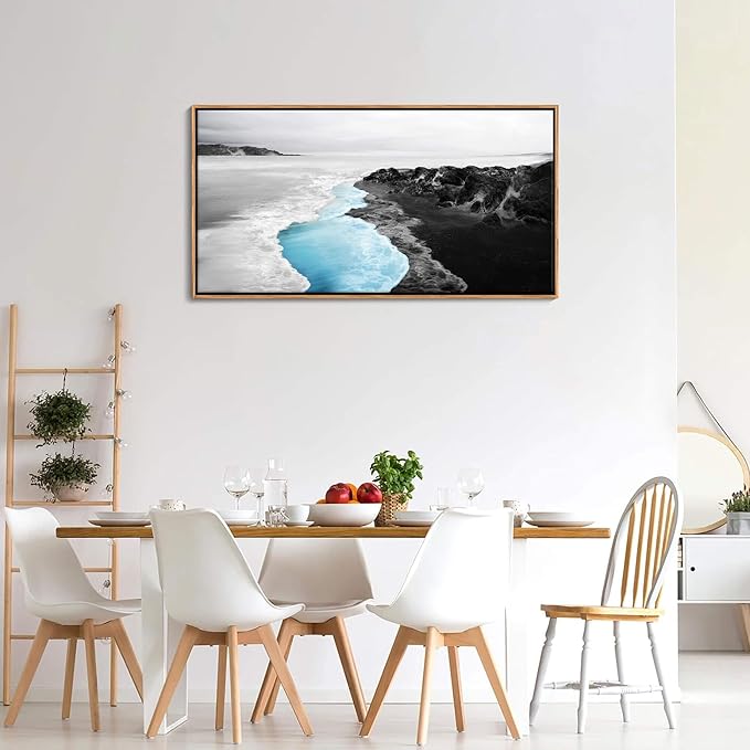 YCPRIMER Blue Beach Wall Art - Black And White Coastal Picture Ocean Seascape Canvas Wall Decor Sea Wave Paintings Modern Pastels Artwork for Living Room Bedroom Dinning Room Office Framed Decoration Size 20x40Inch