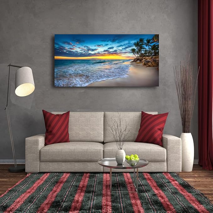 Beach Sunset Pictures Canvas Wall Art For Living Room Bedroom Wall Decor,Sunset Wall Art Print Paitnings for Home Decor,Morden Artwork Palm Coconut Tree Canvas Art Ready to Hang-24x48 Inches