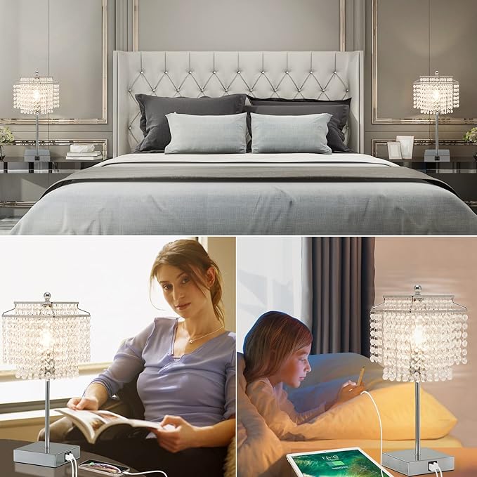 Luvkczc Crystal Table Lamp with Touch Control and USB for Bedside, 3-Way Dimmable with Crystal Shade for Bedroom, Living Room, 6W LED Bulb Included