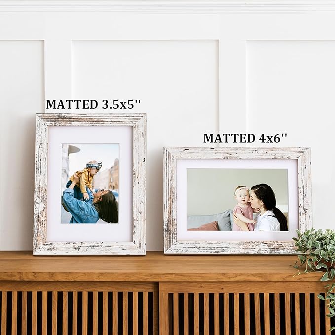 Egofine 5x7 Picture Frames Set of 4, Made of Solid Wood Covered by Plexiglass 3.5x5 and 4x6 with Mat or 5x7 without Mat, for Table Top Display and Wall Mounting Photo Frame Rustic White