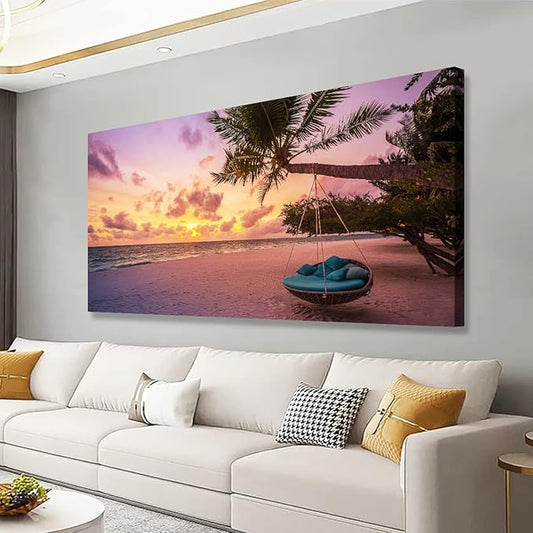 Purple Beach Palm Pictures Canvas Wall Art For Living Room Bedroom Wall Decor,Sunset Wall Art Print Paitnings For Home Decor,Morden Artwork Coconut Tree Canvas Art Ready To Hang-20x40Inches