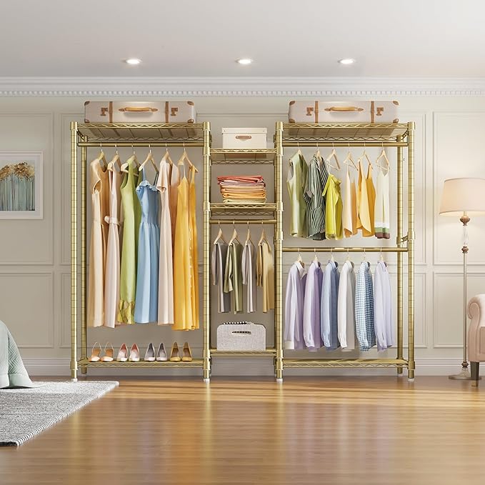 VIPEK Classic V6 Wire Garment Rack Heavy Duty Clothes Rack with 7 Adjustable Shelves & 4 Hanging Rods, Compact DIY Metal Clothing Racks 68.9" L x 15.7" W x 76.4" H, Max Load 840LBS, Gold