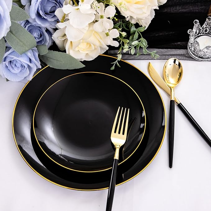 Nervure 100PCS Black and Gold Plastic Plates - 10.25 inch Black Disposable Plates - Gold Rim Dinner Plate - Black Dinner Plate Ideal for Wedding & Party & Halloween
