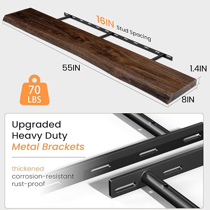 55 Inch Floating Shelves, Rustic Elm Wood Shelves for Wall, Heavy-Duty Long Floating Shelf with Invisible Bracket, Wall Mounted Storage Shelves for Books, Kitchen, Walnut Finish