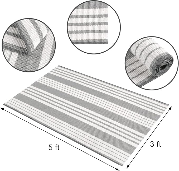 OJIA Entryway Rug 3'x5' Cotton Hand Woven Fall Front Door Mat Halloween Doormat Machine Washable Outdoor Rugs Grey and White Striped Entry Rug Porch Rugs for Farmhouse/Bedroom/Home Entrance Decor