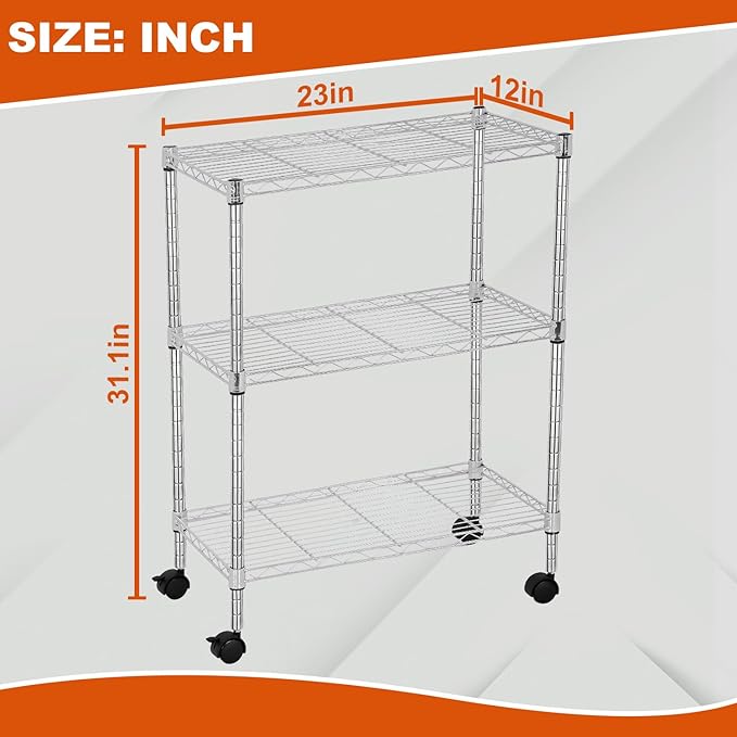 PayLessHere | 3-Tier Wire Shelf with Wheels | 23"x13"x31" | Chrome | Adjustable Racks | Heavy-Duty Storage Shelves, Holds Upto 170 lbs | Rust-Resistant, No-Tool Assembly | for Home, Garage Shelving