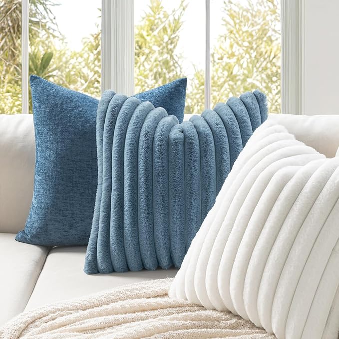 MIULEE Faux Fur Large Decorative Throw Pillow Covers 24x24 Inch Set of 2, Coastal Modern Art Home Decor Soft Plush Couch Pillows Cozy Fluffy Cushion Covers for Sofa Bed Grey Blue