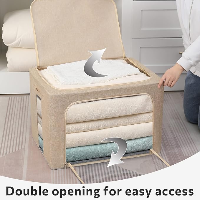 Extra Large Clothes Storage Bins Foldable Metal Frame Storage Box Stackable Linen Fabric Box Organizer Set with Carrying Handles and Clear Window (Beige, 23.6x 16.5x 15.7 Inch)