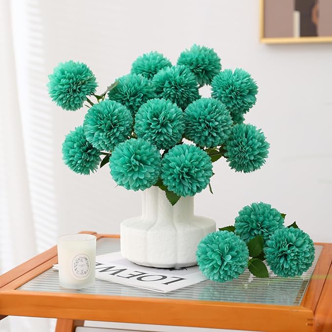 Floweroyal 24pcs Teal Flowers Artificial Chrysanthemum Ball Silk Hydrangea Flowers Bridal Wedding Bouquet for Home Garden Party Office Coffee House Decoration