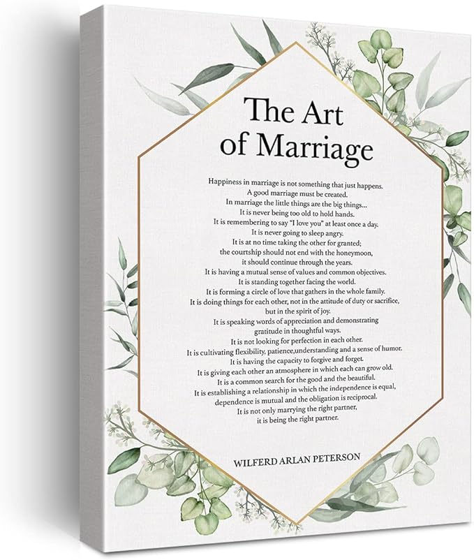 LEXSIVO the Art of Marriage Print Canvas Wall Art Home Decor Happiness in Marriage is Not Something Painting 12x15 Canvas Poster Framed Ready to Hang Wedding Engagement Gift
