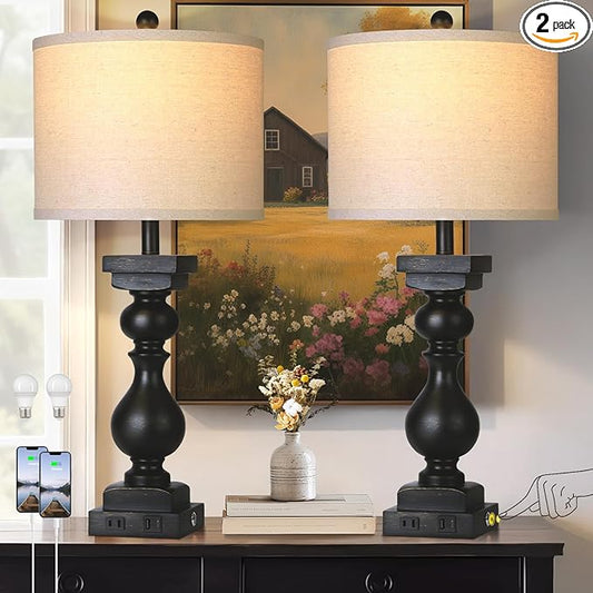 28" Tall Farmhouse Table Lamps Set of 2 with USB C+A Ports and AC Outlet, 3 Way Touch Tall Rustic Bedside Lamps for Living Room, Black Vintage Lamps for Bedroom Nightstand