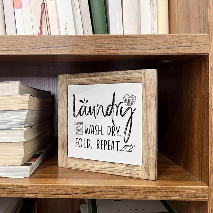 Laundry Room Decor, Laundry Steps Sign, Wash Dry Fold Repeat Sign, Wooden Box Signs for Home Decor, Farmhouse Wood Plaque Sign, Laundry Room Shelf Decoration, Country Style Wood Block Laundry Sign
