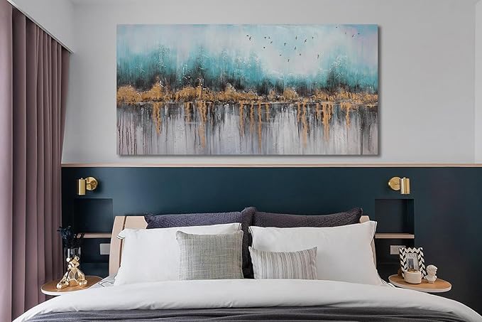 Ardemy Teal Abstract Canvas Wall Art for Living Room Landscape Painting Bedroom Turquoise Grey Panoramic Textured Picture Artwork Framed, Wall Art for Men Bathroom Home Office Wall Decor Large 40"x20"