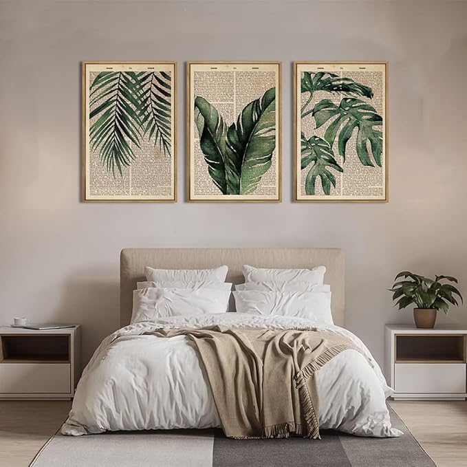ANHUIB Large Botanical Prints Wall Art Framed Palm Leaf Wall Decor 16x24Inch Vintage Plant Art Prints Green Leaves Paintings Set of 3 for Living Room Bedroom Office