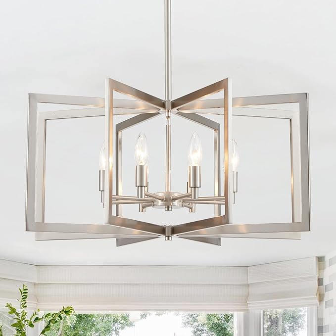 Brushed Nickel Chandelier 26 Inch Modern Geometric 8-Light Large Metal Dining Room Pendant Lighting Fixture for Kitchen Island Living Room Entryway Hallway Bedroom