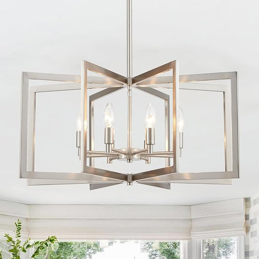 Brushed Nickel Chandelier 26 Inch Modern Geometric 8-Light Large Metal Dining Room Pendant Lighting Fixture for Kitchen Island Living Room Entryway Hallway Bedroom