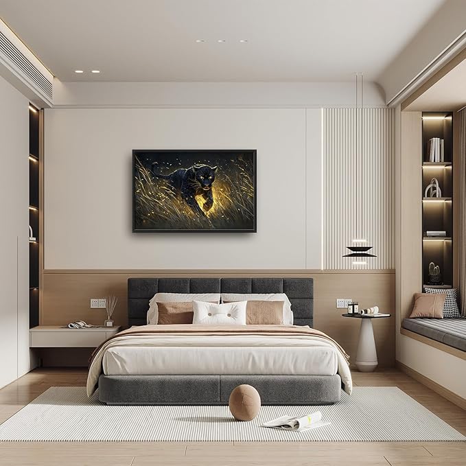 Flintis Large Black Leopard Framed Wall Art Leopard Pictures Wall Decor Abstract Animal Portrait Canvas Painting Print Artworks Decor Framed for Living Room Bathroom Master Bedroom Office 36L X 24W