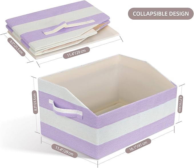 Linen Closet Organizers and Storage, Trapezoid Fabric Bins, Home Office Organization Baskets Striped Collapsible Box with Handles for Clothes, Blanket, Books, DVD, 4 Pack, Purple/White