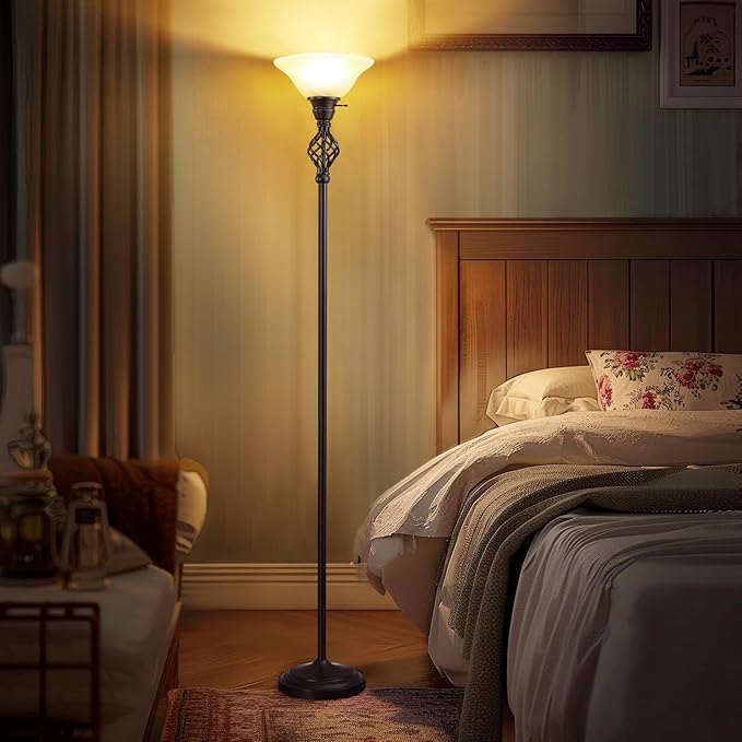 Torchiere Floor Lamp for Living Room, LED Standing Reading Light for Bedroom with Glass Shade for Living Room Corner Bedroom Home Office,Bulbs Included (Yellow Lampshade, Glass 1 Head)