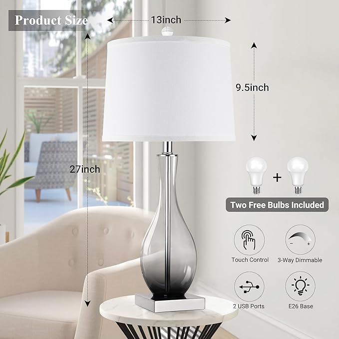 Table Lamps Set of 2 with Touch Control, 3-Way Dimmable Modern Glass Table lamp for Living Room with USB C and A Charging Ports， 27" Bedside Desk Lamps for Nightstand Decorations(LED Bulbs Included)