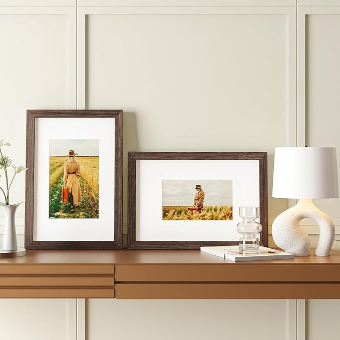 Egofine 8x12 Picture Frames Set of 4, Made of Solid Wood Covered by Plexiglass 5x7 and 6x8 with Mat or 8x12 without Mat, for Table Top Display and Wall Mounting Photo Frame Brown