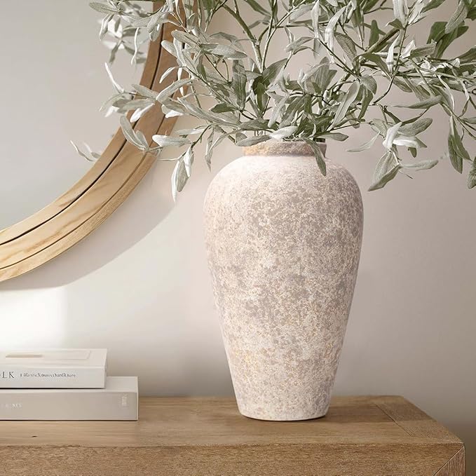 Ceramic Flower Vase Home Decor - 9.2 inch Large Farmhouse Table Vases, Rustic Decorative Vases for Kitchen Living Room Coffee Dining ShelfMantel Decoration