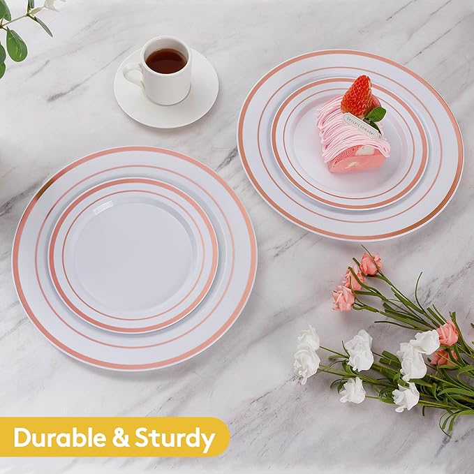 Goodluck 200PCS Rose Gold Plastic Plates, Heavy Duty Disposable Rose Gold Plates with 100 10.25 inch Dinner Plates and 100 7.5 inch Dessert Plates. Disposable Plates for Party, Wedding, Valentines