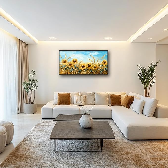Olivine Large Wall Art, Sunflower Pictures Wall Decor, Sunflower Wheat Painting, Nature Landscape Canvas Prints, Framed Artwork for Living Room Bedroom Bathroom Office Home Decoration 60"x30"