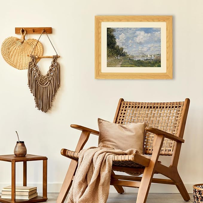 Brivoria Framed Canvas Wall Art Vintage Decor, Impressionist Riverside Print with Autumn Sky, Sailboats, and Tree-Lined Path for Entryway Hallway Reading Nook Bathroom or Office Display, 13"x16"