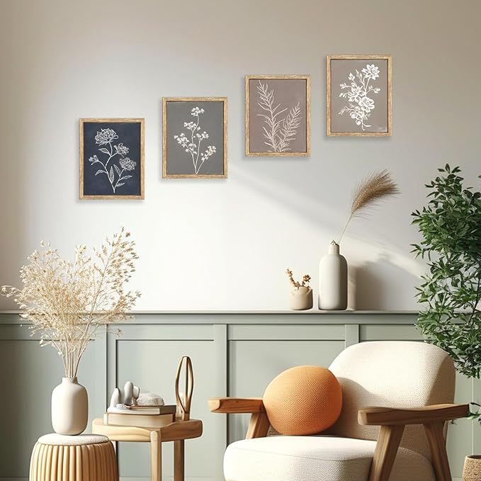 GUMEYJIA Boho Wall Art Set of 4 for Framed Minimalist Botanical Print Canvas Art Rustic Vintage Farmhouse Home Kitchen Wall Decor (8x10 in)
