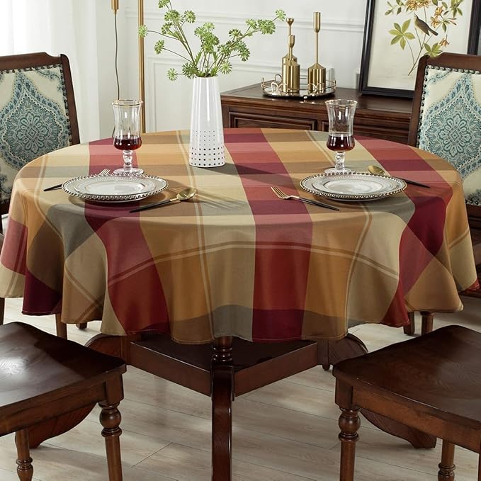 SASTYBALE Round Tablecloth Checkered Style Polyester Table Cloth Dust-Proof Wrinkle Resistant Heavy Weight Table Cover for Kitchen Dinning Tabletop Decoration (Round,60" (4-5 Seats), Red)