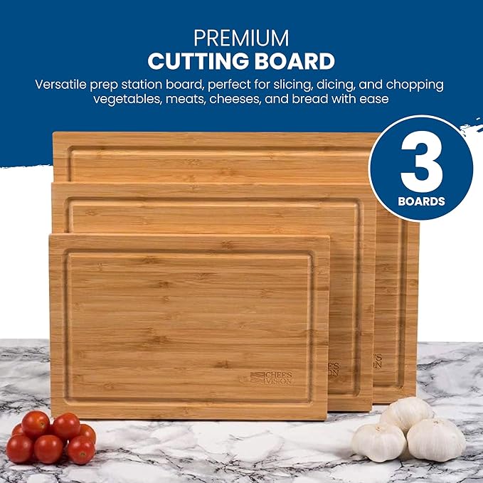 Chef's Vision Bamboo Cutting Board Set - 3-Piece Organic Wooden Cutting Boards for Kitchen - Durable, Non-Toxic, and Eco-Friendly Bamboo Chopping Board - Extra Large, Large, and Medium Sizes