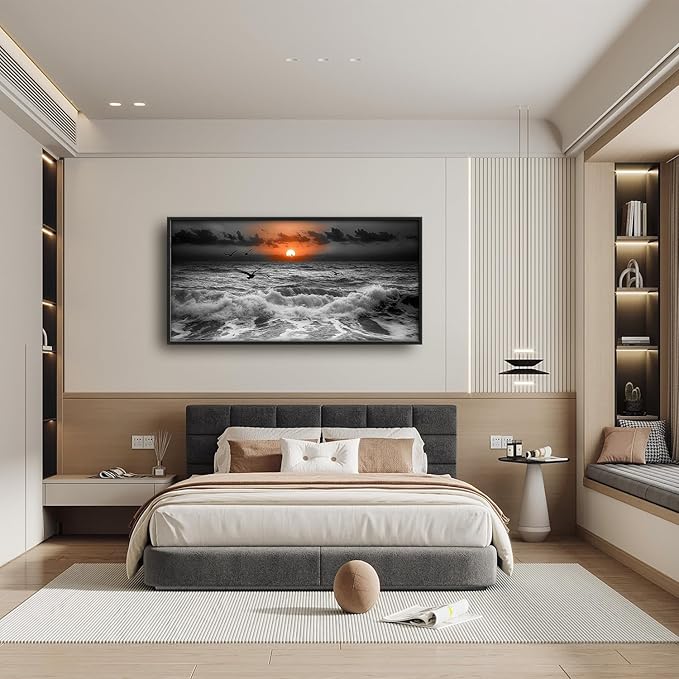 Flintis Large Ocean Sunset Framed Wall Art Beach Seagull Pictures Wall Decor Abstract Natural Landscape Canvas Painting Print Artworks Framed for Living Room Bathroom Master Bedroom 60L X 30W