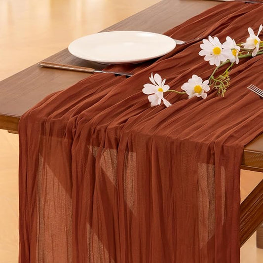 Socomi Fall Table Runner Terracotta Thanksgiving Cheesecloth Gauze Burnt Orange Boho Rustic Farmhouse 120 inch 10FT Cheese Cloth Runner for Wedding Party Baby Shower Home Decor Holiday Decorations