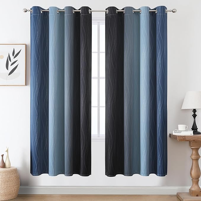 Estelar Textiler Navy Blue and Black Ombre Blackout Curtains 72 Inch Length 2 Panels Set, Full Room Darkening Grommet Curtains for Bedroom, Thermal Insulated Light Blocking Gradient Drapes,52Wx72L