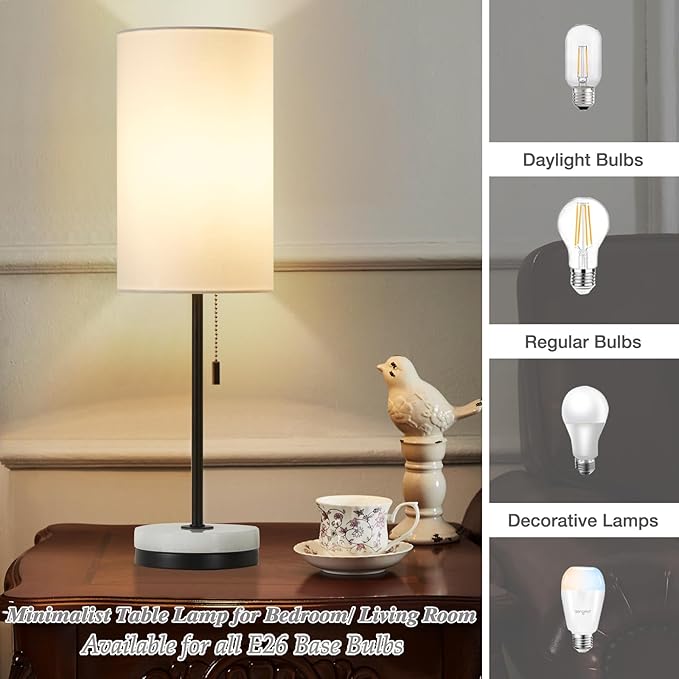 Luvkczc Minimalist Table Lamp Set of 2, Nightstand Lamp for Bedroom Living Room, Modern Pull Chain Bedside Lamp with Marble Base, Fabric Shade, Small Desk Lamp for Home, Office, Reading