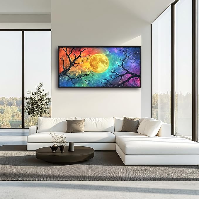 Extra Large Framed Abstract Moon Wall Art,Oversized Colorful Starry Night Tree Branch Wall Decor Pictures for Living Room,Canvas Print Painting Modern Artwork Bedroom Office Bathroom 60L x30W